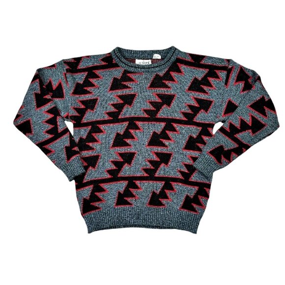 VTG 90s Le Tigre Mens Sweater Size M New Nu Wave Grunge Dad Lightning Arrows AOP - Picture 1 of 7